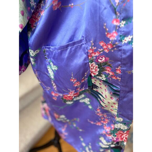 Vintage Purple Satin Peacock & Pink Lotus Open Kimono Robe - Picture 5 of 8